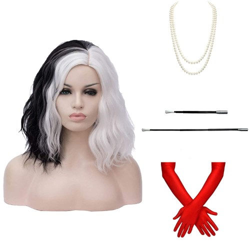 Peluca cosplay Cruella con accesorios